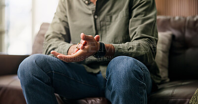 Buy stock photo Therapy session, hands and patient on couch, nervous and anxiety for consultation and mental health. Psychology, help and person with depression in office, counseling and waiting for appointment