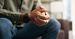 Therapy session, hands and patient on couch, anxiety and nervous for consultation and mental health. Psychology, help and person with depression in office, counseling and waiting for appointment