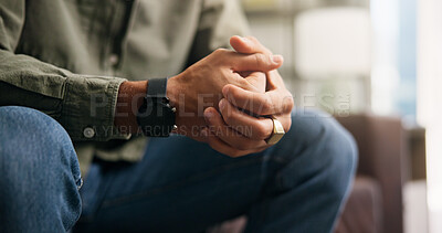 Buy stock photo Therapy session, hands and patient on couch, anxiety and nervous for consultation and mental health. Psychology, help and person with depression in office, counseling and waiting for appointment