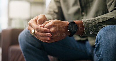 Buy stock photo Therapy session, hands and patient on couch, stress and  consultation for wellness and mental health. Psychology, help and person with depression in office, counseling and waiting for appointment
