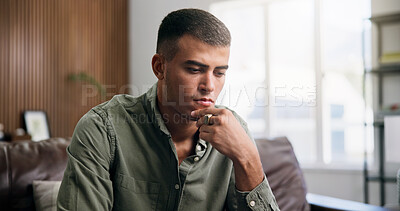 Buy stock photo Man, thinking and serious sofa in house with memory, insight and doubt for decision in living room. Person, perspective and reflection on couch for choice, consider or break in lounge at apartment