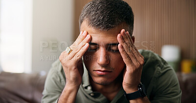Buy stock photo Frustrated, man and stress with anxiety in home for loneliness, mistake or mental health on sofa. Tired, migraine or male person with depression or headache for fatigue, pressure or strain in house