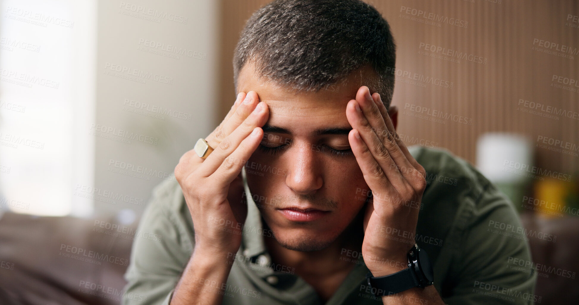 Buy stock photo Frustrated, man and stress with anxiety in home for loneliness, mistake or mental health on sofa. Tired, migraine or male person with depression or headache for fatigue, pressure or strain in house