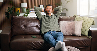 Buy stock photo Man, relax and stretching on sofa with smile, relief or break for reflection in living room in house. Happy person, rest and comfort for perspective, thinking and chill on couch in lounge at home