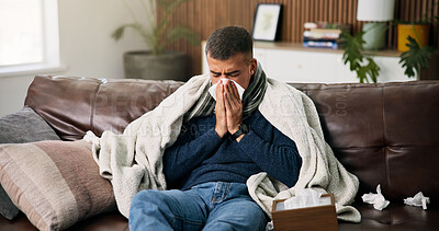 Buy stock photo Sick man, sofa and blowing nose with tissue in home for bad influenza, allergy or sinus. Male person, toilet paper and couch with virus, bacteria or germs for hayfever, flu symptoms or cold in house