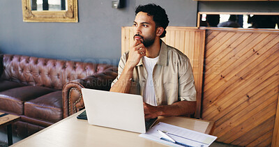Buy stock photo Documents, thinking and man on laptop in cafe for finance review, budget planning and research. Coffee shop, remote work and person on computer with paperwork, graph and charts for financial analysis