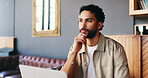 Thinking, laptop and man in coffee shop for copywriting, online article and report for submission. Freelance, cafe and person on computer for research, proofreading or story pitch for creative career