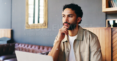 Buy stock photo Thinking, laptop and man in coffee shop for copywriting, online article and report for submission. Freelance, cafe and person on computer for research, proofreading or story pitch for creative career