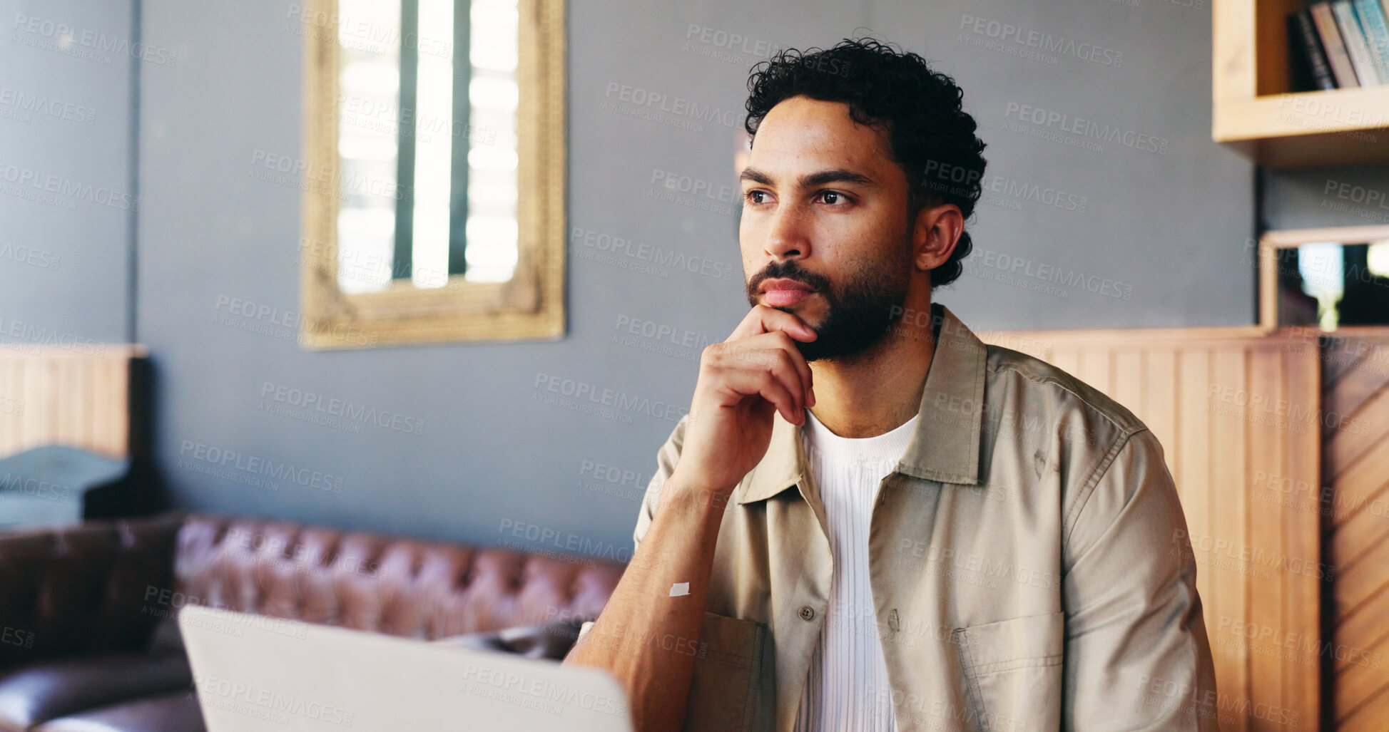 Buy stock photo Thinking, laptop and man in coffee shop for copywriting, online article and report for submission. Freelance, cafe and person on computer for research, proofreading or story pitch for creative career