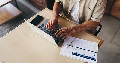 Buy stock photo Above, documents and hands of man on laptop in cafe for finance review, budget planning and research. Coffee shop, typing and person on computer with numbers, graphs and charts for financial analysis