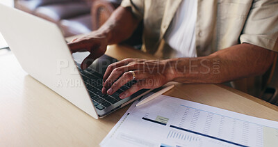 Buy stock photo Laptop, documents and hands of man in home for finance review, budget planning and research. Remote work, typing and person on computer with paperwork, graph and statistics for financial analysis