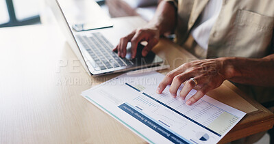 Buy stock photo Laptop, documents and hands of man in home for finance review, budget planning and accounting. Remote work, data entry and person on computer with paperwork, graph and numbers for financial analysis