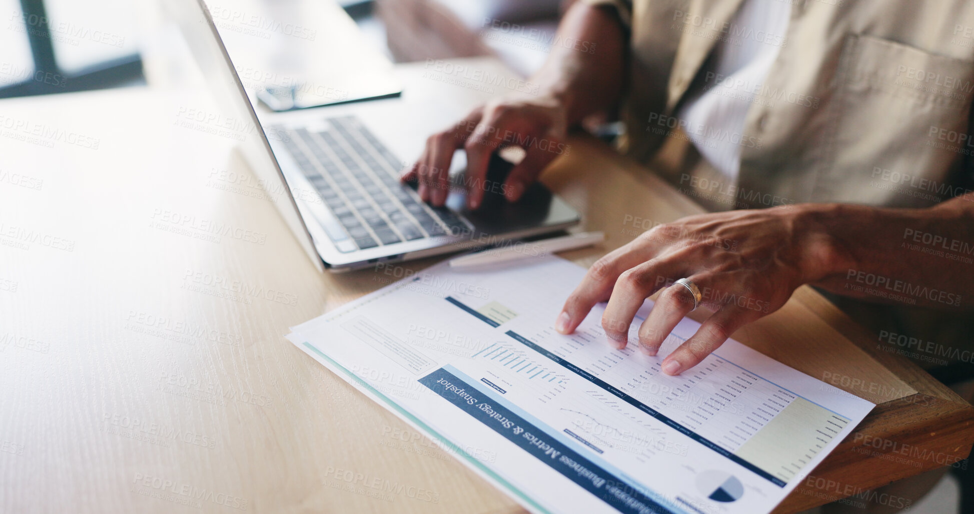Buy stock photo Laptop, documents and hands of man in home for finance review, budget planning and accounting. Remote work, data entry and person on computer with paperwork, graph and numbers for financial analysis