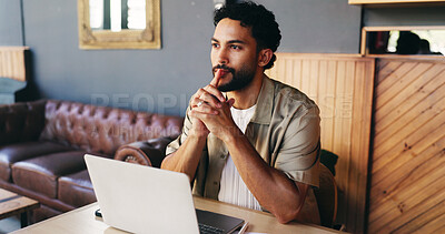Buy stock photo Thinking, laptop and man in cafe for editing, online article and brainstorming for submission. Creative, coffee shop and person on computer for research, proofreading and story pitch for copywriting