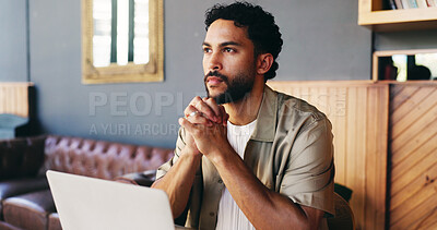 Buy stock photo Creative, thinking and man on laptop in coffee shop for editing, online article and submission ideas. Freelance, cafe and person on computer for research, proofreading and story pitch for copywriting