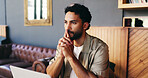 Coffee shop, thinking and man on laptop for copywriting, online article and submission ideas. Freelance, cafe and person on computer for research, proofreading and story pitch for editing career