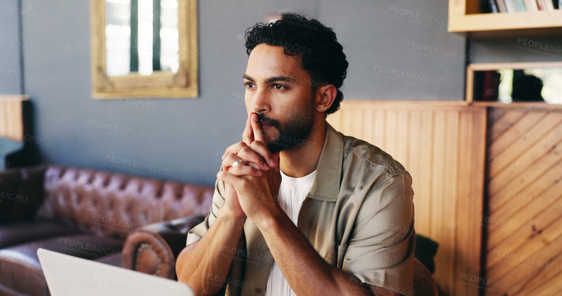 Buy stock photo Coffee shop, thinking and man on laptop for copywriting, online article and submission ideas. Freelance, cafe and person on computer for research, proofreading and story pitch for editing career