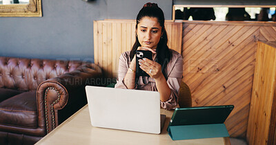 Buy stock photo Tech, woman and confused with phone in cafe for bad review, stock mistake or wrong order. Laptop, tablet and restaurant owner with smartphone for customer complaint, menu error and poor rating on app