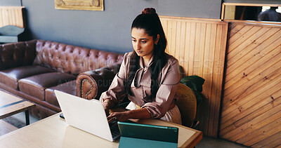 Buy stock photo Creative, laptop and woman in coffee shop for copywriting, online article and feedback for submission. Freelance, cafe and person on computer for research, proofreading and story pitch for journalism