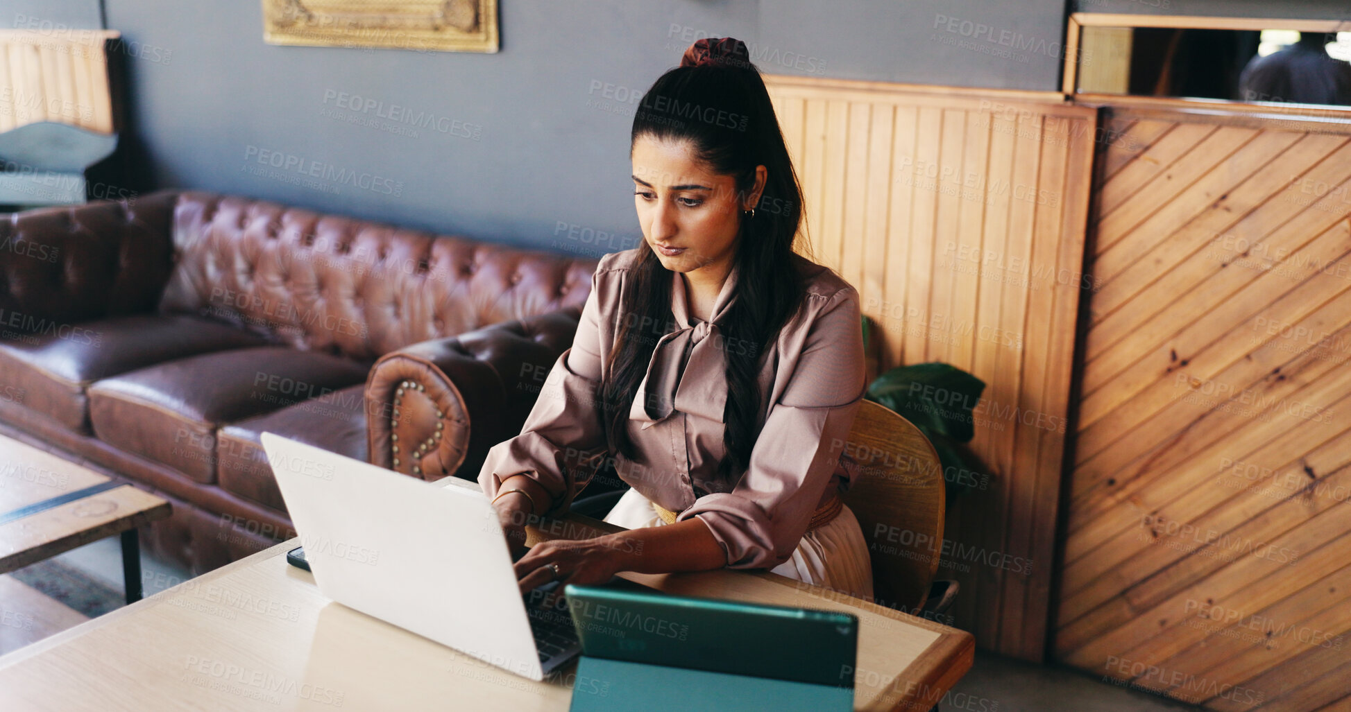 Buy stock photo Creative, laptop and woman in coffee shop for copywriting, online article and feedback for submission. Freelance, cafe and person on computer for research, proofreading and story pitch for journalism
