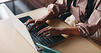 Hands, laptop and above of woman in coffee shop for editing, online article and report for submission. Typing, cafe and person on computer for research, proofreading and story pitch for copywriting
