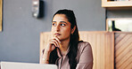 Thinking, creative and woman in coffee shop on laptop for editing, online article or submission ideas. Freelance, cafe and person on computer for research, inspiration and story pitch for copywriting