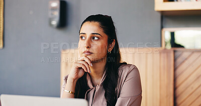 Buy stock photo Thinking, creative and woman in coffee shop on laptop for editing, online article or submission ideas. Freelance, cafe and person on computer for research, inspiration and story pitch for copywriting