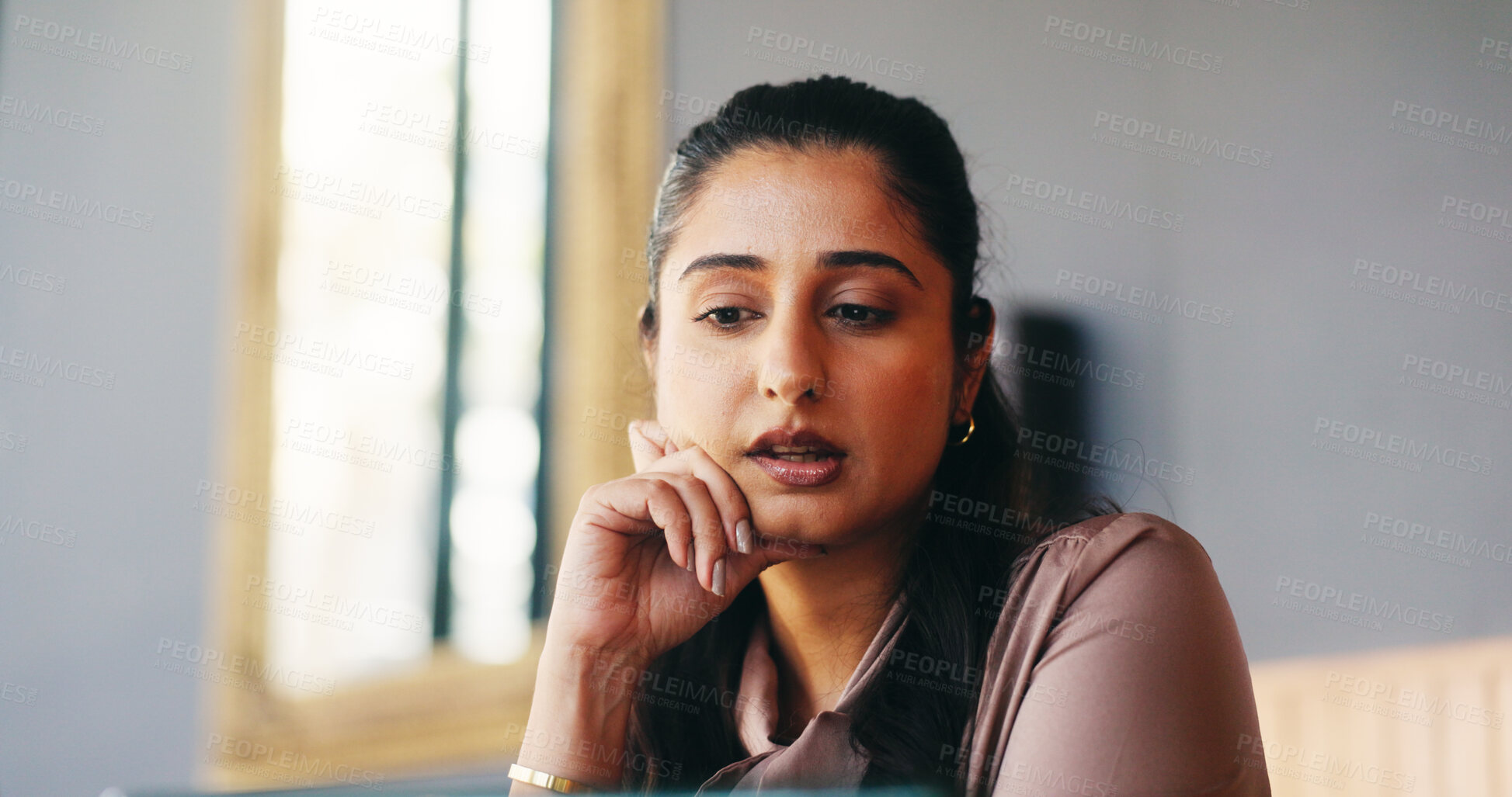 Buy stock photo Creative, woman and employee with ideas in cafe, reporter and planning for magazine story or project. Thinking, person and reflection for article deadline, journalist and decision for publication