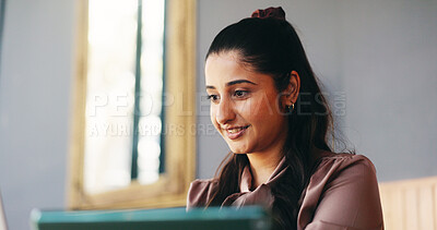 Buy stock photo Business, woman and smile with tech in cafe for sales profit, positive reviews and online inventory. Startup, happy owner and laptop with tablet for restaurant rating, website update and digital menu