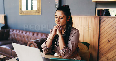 Buy stock photo Happy, laptop and woman in coffee shop for journalism, online article and submission approval. Freelance, cafe and person on computer for good news, inspiration and story pitch for copywriting