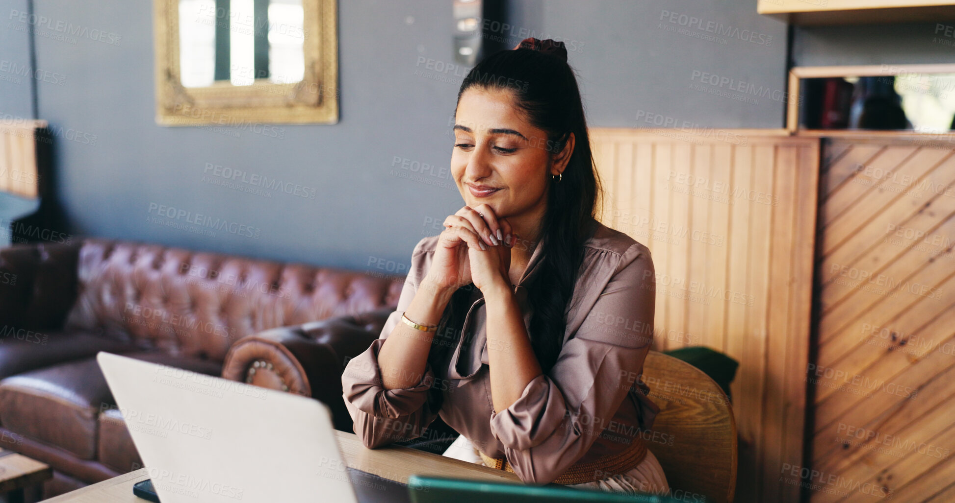 Buy stock photo Happy, laptop and woman in coffee shop for journalism, online article and submission approval. Freelance, cafe and person on computer for good news, inspiration and story pitch for copywriting
