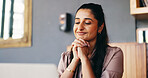 Laptop, reading and woman with smile in coffee shop, digital recognition and positive story reviews. Validation, computer and journalist with exclusive article for public impact, freelancer and cafe