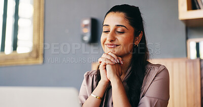 Buy stock photo Laptop, reading and woman with smile in coffee shop, digital recognition and positive story reviews. Validation, computer and journalist with exclusive article for public impact, freelancer and cafe
