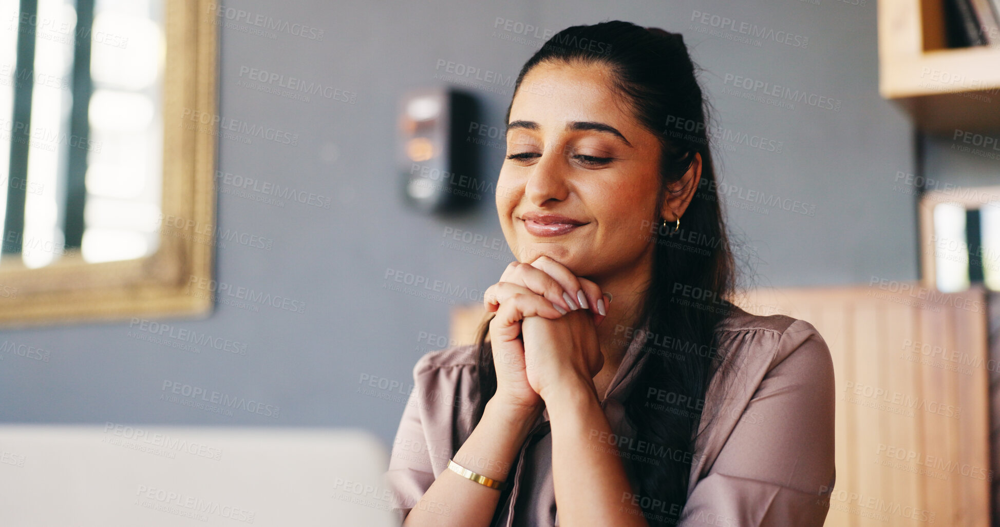 Buy stock photo Laptop, reading and woman with smile in coffee shop, digital recognition and positive story reviews. Validation, computer and journalist with exclusive article for public impact, freelancer and cafe