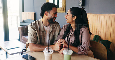 Buy stock photo Happy couple, holding hands and milkshake on date at restaurant with connection, love and bonding. Man, woman and partner at cafe for drinks with relationship, smile or trust with loyalty at diner