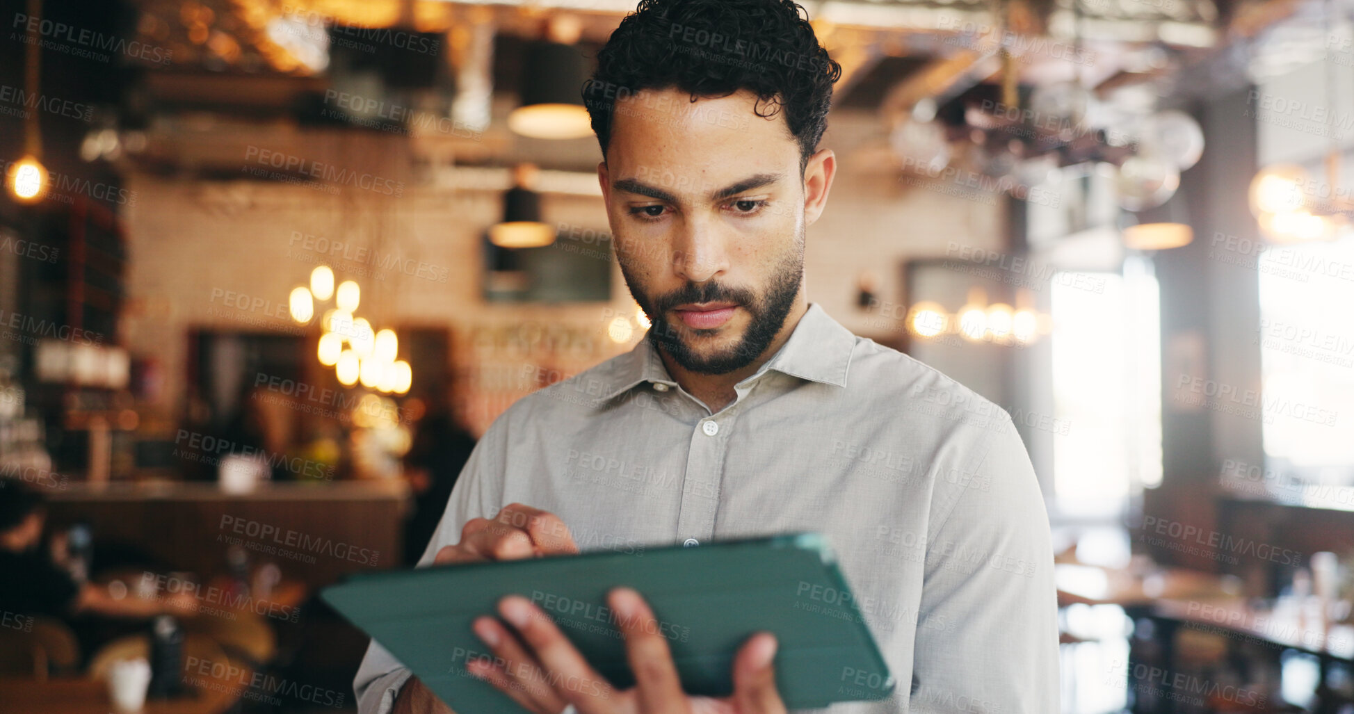Buy stock photo Tablet, manager and man in restaurant for online inventory, update website and orders. Small business, hospitality and person on tech for digital menu, stock checklist and work schedule in cafe