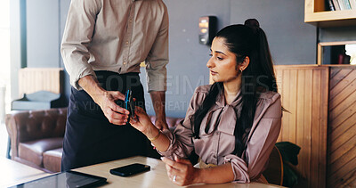 Buy stock photo Woman, credit card and waiter with pos at cafe for easy payment, bills and customer experience at diner, People, server and iot machine with point of sale, fintech or digital banking at restaurant