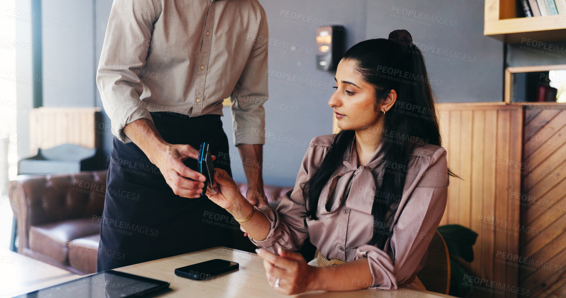 Buy stock photo Woman, credit card and waiter with pos at cafe for easy payment, bills and customer experience at diner, People, server and iot machine with point of sale, fintech or digital banking at restaurant