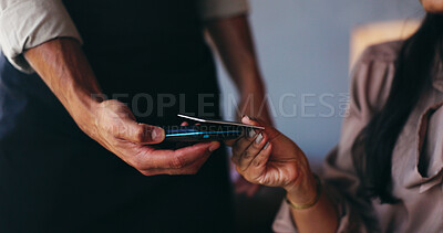 Buy stock photo Hands, credit card and waiter with pos at cafe for easy payment, bills and customer experience at diner, People, server and iot machine with point of sale, fintech or digital banking at restaurant