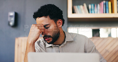 Buy stock photo Headache, man and stress at laptop in office for bad review, article rejection or journalism ethics fail. Worry, journalist or migraine with tech for plagiarism report, fake source or reputation risk