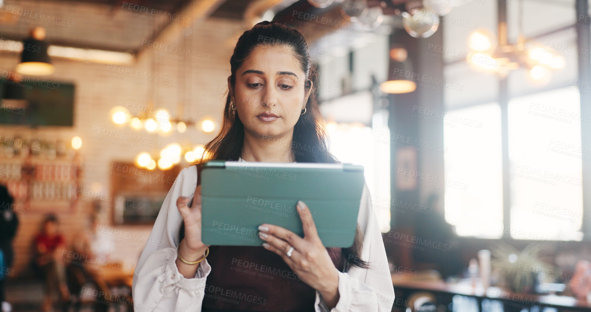 Buy stock photo Tablet, manager and woman in restaurant for online inventory, update website and orders. Small business, hospitality and person on tech for digital menu, stock checklist and work schedule in cafe