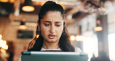 Buy stock photo Manager, woman and stress with tablet in cafe for bad review, stock mistake or wrong order. Restaurant owner, confused and tech with worry for customer complaint, menu error or poor rating on website