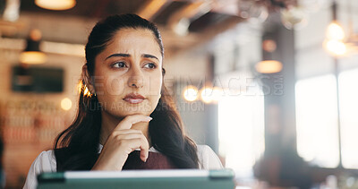 Buy stock photo Thinking, businesswoman and ideas with tablet in cafe, remember and plan for article and journalism. Creative, person and reflection for story deadline, serious and reporter with tech for project
