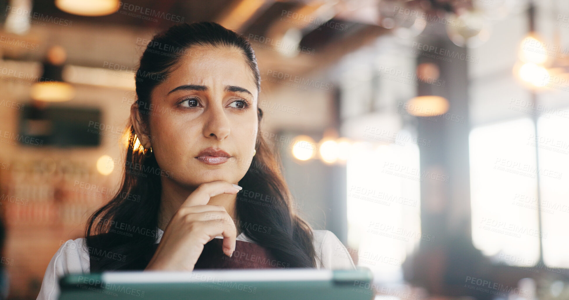 Buy stock photo Thinking, businesswoman and ideas with tablet in cafe, remember and plan for article and journalism. Creative, person and reflection for story deadline, serious and reporter with tech for project