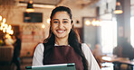 Tablet, happy and portrait of woman in restaurant for online inventory, website and orders. Small business, hospitality and person on tech for digital menu, stock checklist and work schedule in cafe