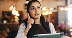 Tablet, entrepreneur or woman with phone call in restaurant, supplier contact or reservation booking. Bokeh, speaking or business owner with tech for vendor negotiation, table availability or bistro