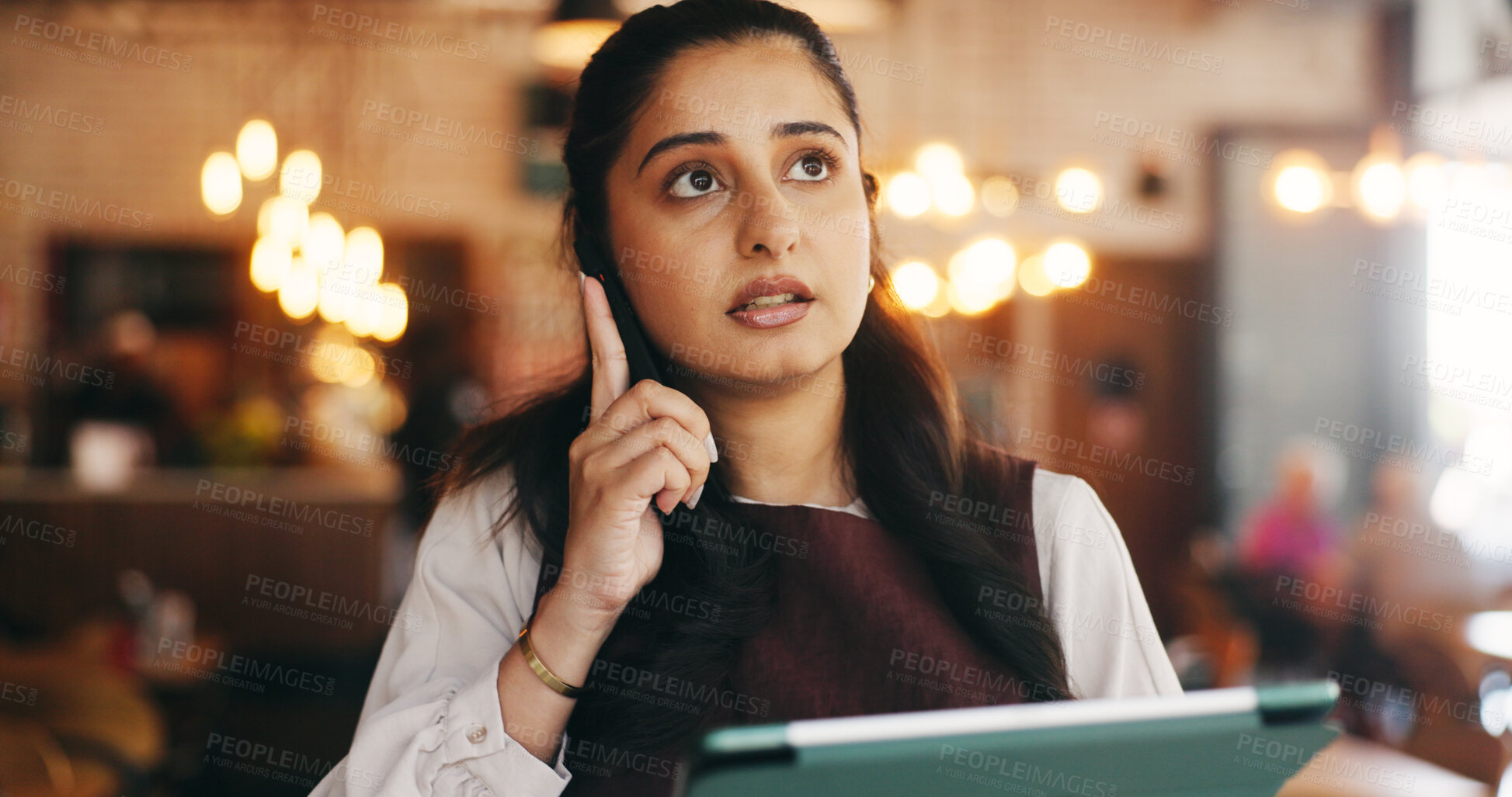 Buy stock photo Tablet, entrepreneur or woman with phone call in restaurant, supplier contact or reservation booking. Bokeh, speaking or business owner with tech for vendor negotiation, table availability or bistro