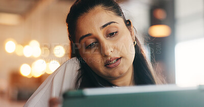 Buy stock photo Tablet, reading and woman with phone call in restaurant, supplier contact or online reservation system. Bokeh, speaking or entrepreneur with tech for vendor negotiation, table availability or booking