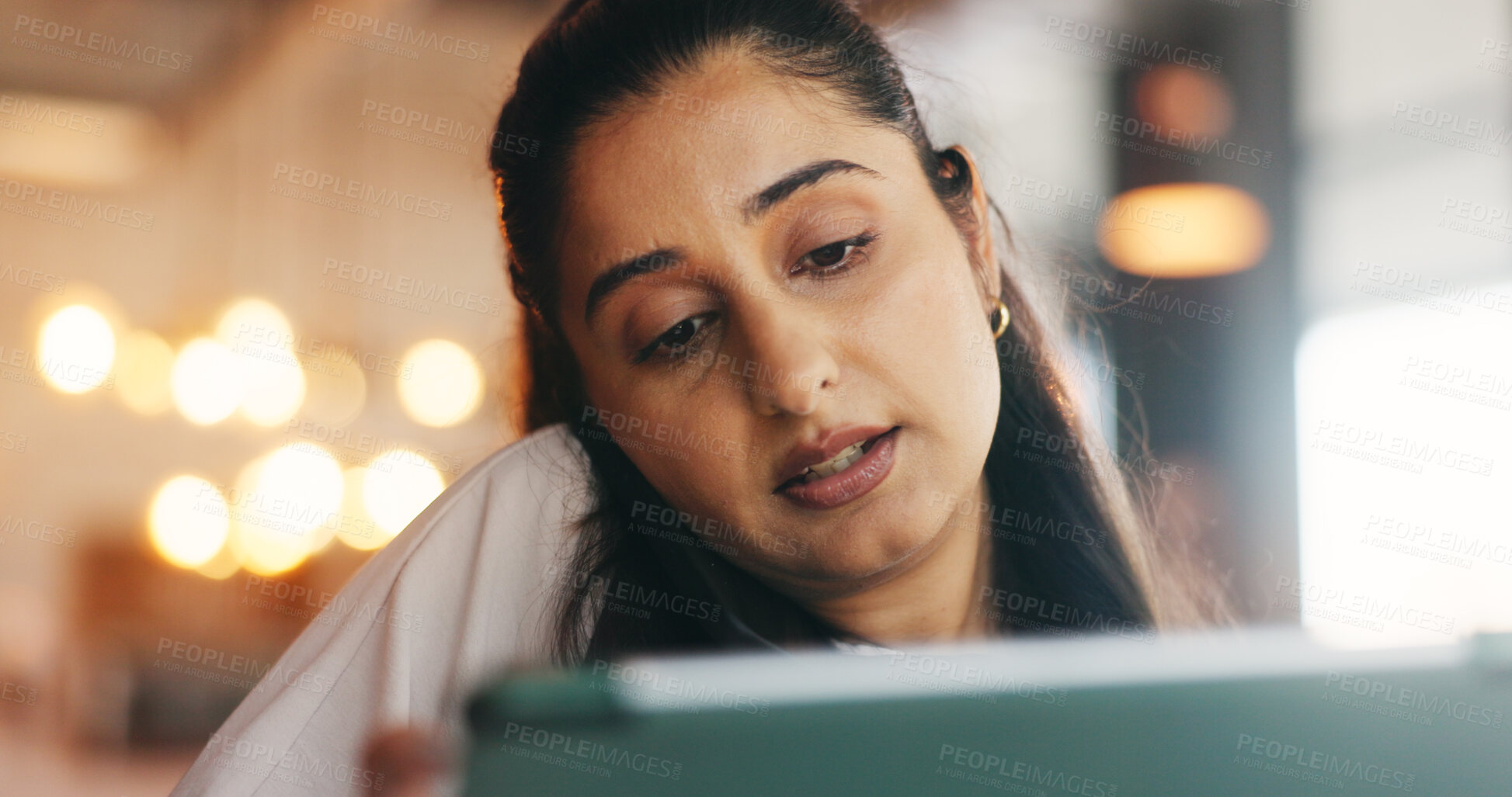 Buy stock photo Tablet, reading and woman with phone call in restaurant, supplier contact or online reservation system. Bokeh, speaking or entrepreneur with tech for vendor negotiation, table availability or booking