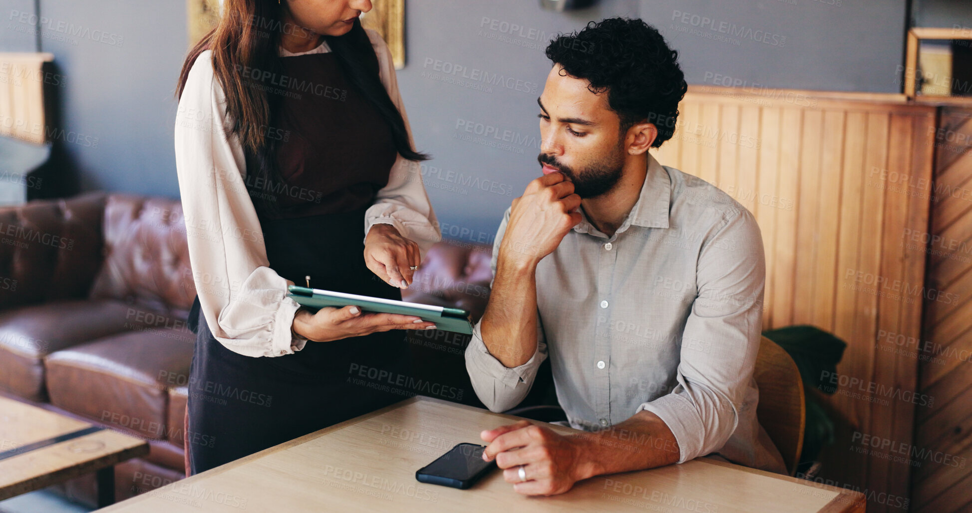Buy stock photo Man, waitress and tablet with decision at cafe for order, customer experience or menu at restaurant. People, tech and digital price list on application, service or thinking with guide at coffee shop